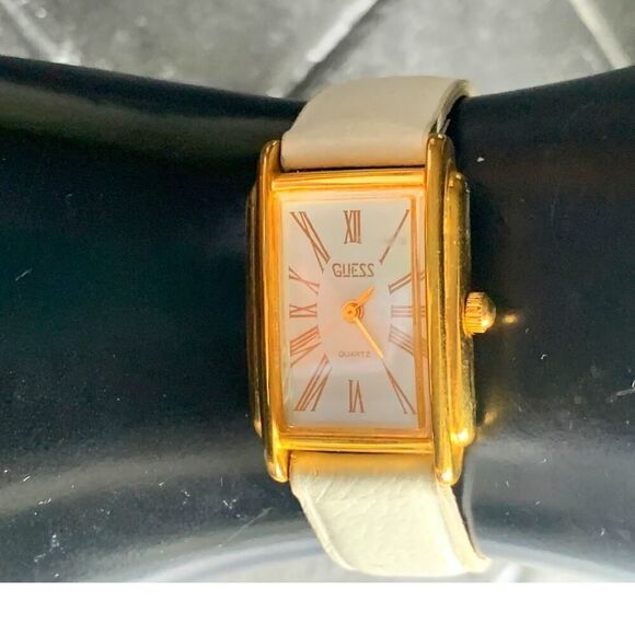 Guess Gold-Toned Rectangle dial Watch w/White Genuine Leather strap, Signed - Picture 2 of 5